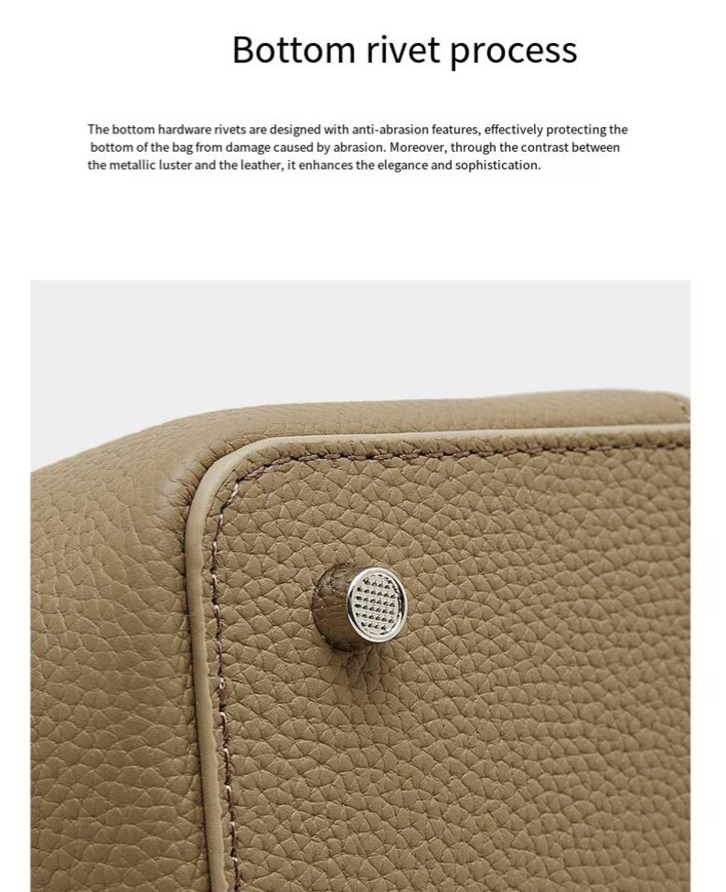 May include: A close-up of a beige leather bag with a silver rivet. The rivet is circular with a textured surface. The bag has visible stitching along the edges. The text "Bottom rivet process" is at the top.