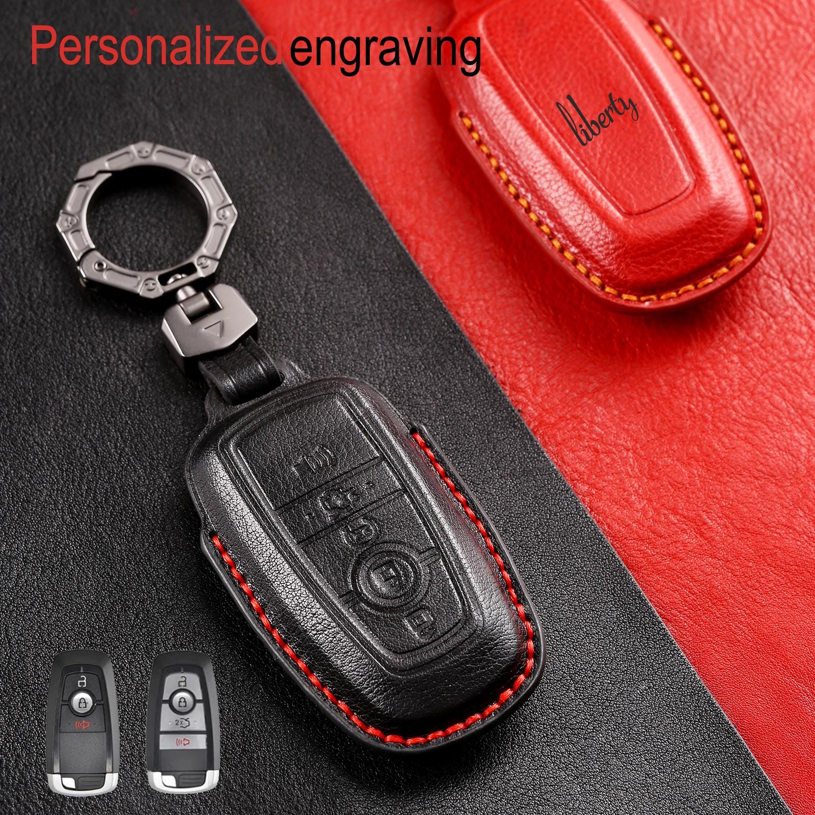 Black Leather 4-Button Key Fob Cover & Chain Holder For Ford Mondeo