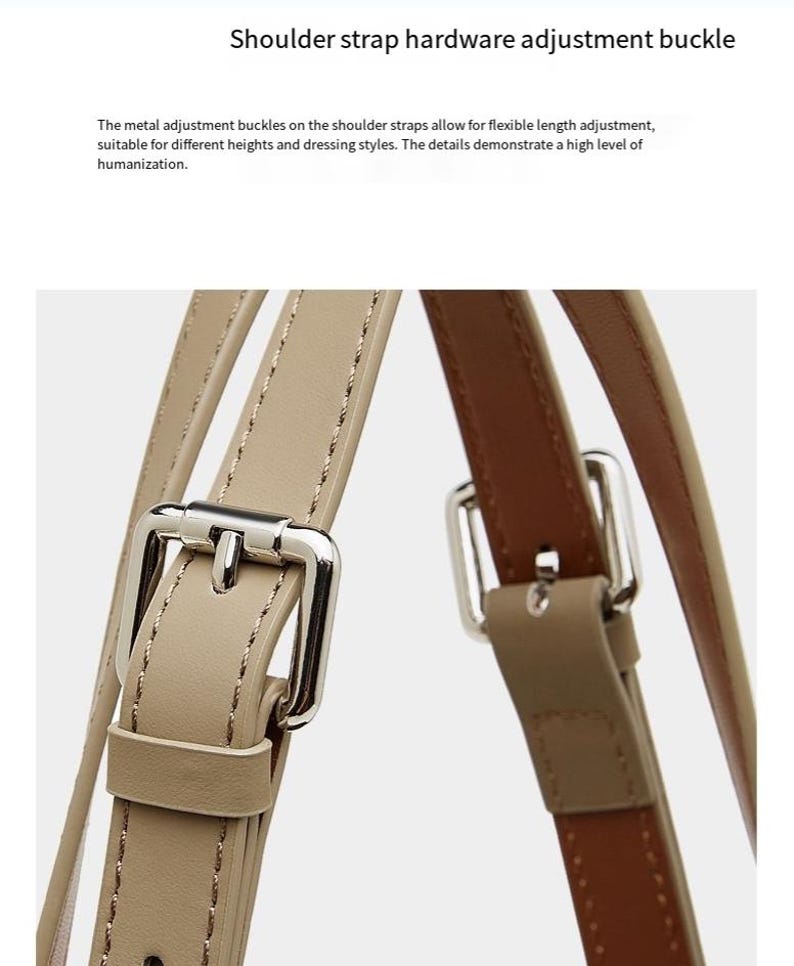 May include: Close-up of beige leather shoulder straps with silver metal adjustment buckles. The image text reads "Shoulder strap hardware adjustment buckle". The straps are designed for flexible length adjustment, suitable for different heights.