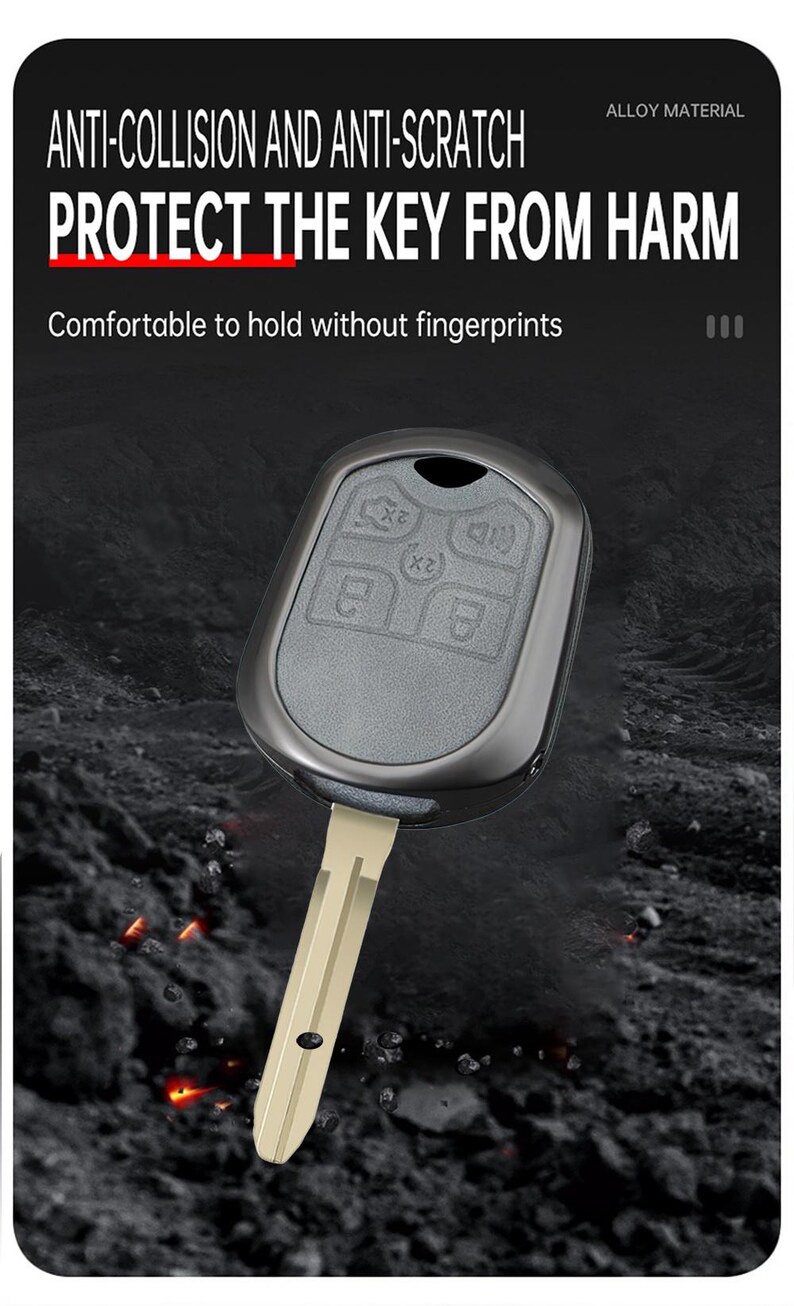 May include: A car key with a protective case. The key has a silver blade and a gray key fob with buttons. The text on the image reads: "ANTI-COLLISION AND ANTI-SCRATCH PROTECT THE KEY FROM HARM".
