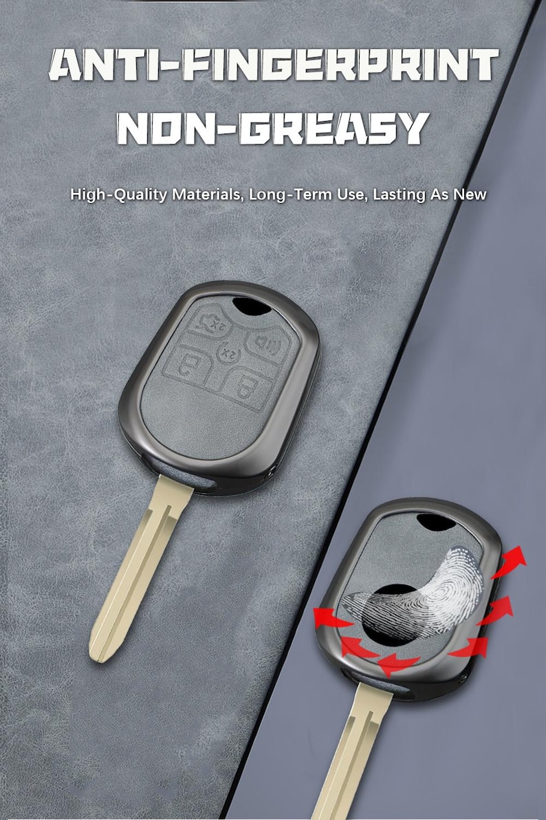 May include: Two car key fobs with the text "ANTI-FINGERPRINT NON-GREASY" and "High-Quality Materials, Long-Term Use, Lasting As New". The fobs are dark gray with a key blade and button details. One shows a fingerprint.