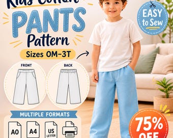 Boy Cotton Pants Sewing Pattern PDF | Kids Elastic Waist Pants | Toddler Baby Pants | Easy Beginner Pattern | 0M–3T A4 A0 US Letter