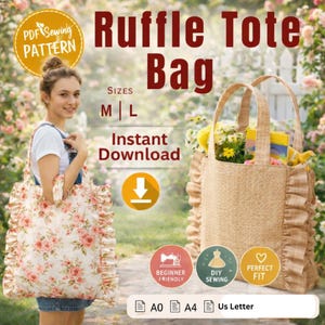 フリル付きトートバッグの型紙、初心者向けDIYチュートリアル（即時ダウンロード）