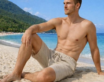 Pantalones cortos de lino para hombre con cordón ajustable – Corte relajado, transpirables, ideales para la playa en verano.
