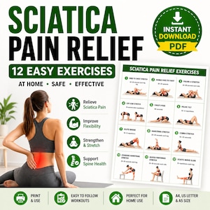 Könnte beinhalten: Grün-weiße Infografik mit dem Titel "Sciatica Pain Relief" mit 12 einfachen Übungen. Das Bild zeigt eine Frau, die ihren unteren Rücken berührt, Übungsillustrationen und Text, der die Heimnutzung und einfach zu befolgende Workouts bewirbt.