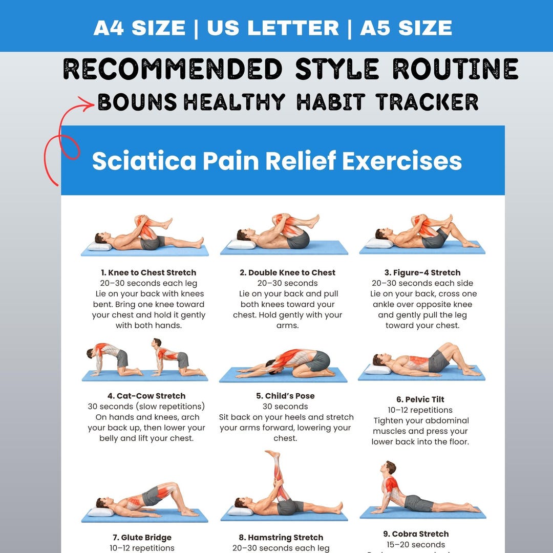 Sciatica Pain Relief Exercises Printable PDF Guide, Lower Back Stretch ...