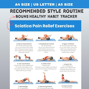 Op de afbeelding: Een blauw-witte infographic met de titel "Sciatica Pain Relief Exercises" met illustraties van verschillende rekoefeningen. De tekst bevat instructies voor elke oefening, zoals Knee to Chest Stretch en Double Knee to Chest. De tekst bevat ook A4, US Letter en A5.