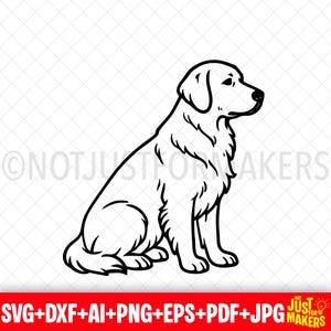 Op de afbeelding: Een zwart-witte lijntekening van een Golden Retriever-hond in zittende positie. De hond kijkt naar rechts. De afbeelding bevat de tekst "NOT JUST FOR MAKERS" en bestandsinfo.