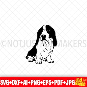 May include: A black and white illustration of a Basset Hound dog sitting. The dog has long, floppy ears and a sad expression. The image is a vector graphic, suitable for various crafting projects.