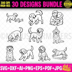 Puede incluir: Una colección de 30 diseños de arte lineal en blanco y negro que presentan Golden Retrievers en varias poses. Los diseños incluyen perros jugando, interactuando con personas y usando accesorios. El texto incluye "30 DESIGNS BUNDLE" y "SVG+DXF+AI+PNG+EPS+PDF+JPG".
