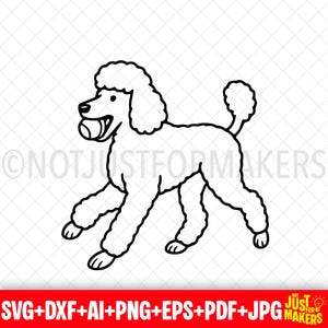 Könnte beinhalten: Eine Schwarz-Weiß-Strichzeichnung eines Pudelhundes, der rennt und einen Ball im Maul hält. Der Hund hat einen flauschigen Kopf und Schwanz. Das Bild enthält den Text "NOT JUST FOR MAKERS" und "SVG+DXF+AI+PNG+EPS+PDF+JPG".