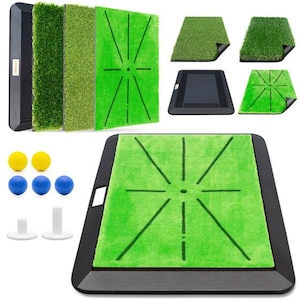 May include: A golf practice mat with a green surface and black border. The mat has a target design with lines radiating from a central point. Also included are golf balls in yellow and blue, and white tees. Several turf samples are also shown.