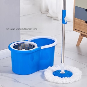 May include: A blue bucket with a white rim and a stainless steel interior, paired with a mop. The mop has a white, circular head and a blue base. The text "NO HAND WASHING ROTARY MOP" is visible.