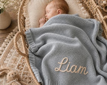 Personalized Baby Blanket, Custom Embroidered Knit Swaddle, Soft Cotton Newborn Gift, Baby Shower Keepsake