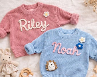 Custom Hand-Embroidered Baby Name Knit Sweater, Personalized Toddler Gift