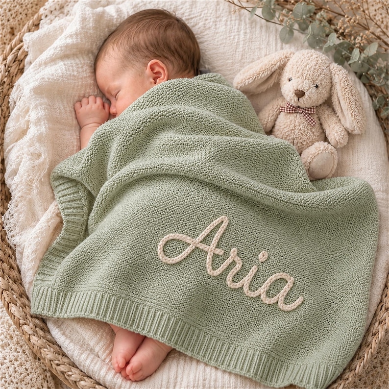 May include: A baby rests peacefully under a sage green knitted blanket embroidered with the name "Aria" in cream-colored thread. A stuffed bunny with a red and white checkered bow tie sits beside the baby in a woven basket.