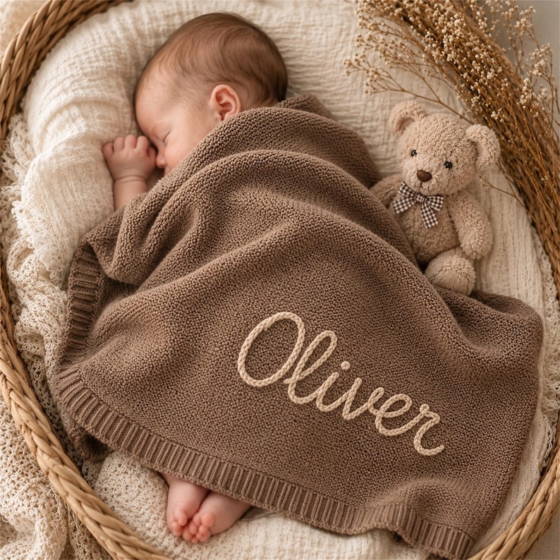 May include: A sleeping baby wrapped in a brown knitted blanket with the name "Oliver" embroidered in cream-colored thread. A teddy bear with a checkered bow tie sits beside the baby in a woven basket. The blanket has a ribbed border.