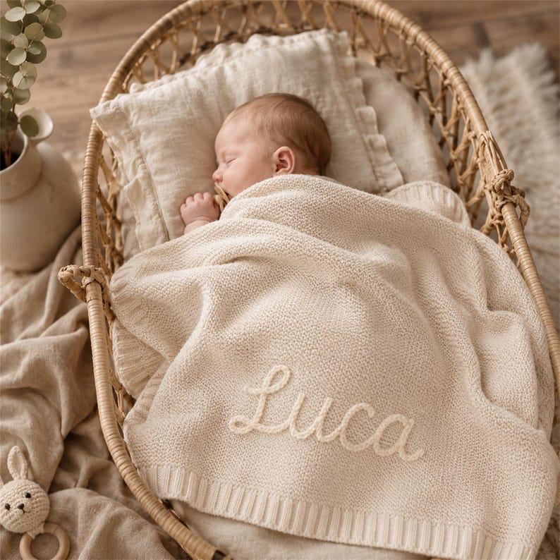 May include: A sleeping baby wrapped in a cream-colored knitted blanket inside a wicker bassinet. The blanket is personalized with the name "Luca" in a cursive font. A cream-colored pillow and a small toy are also visible.