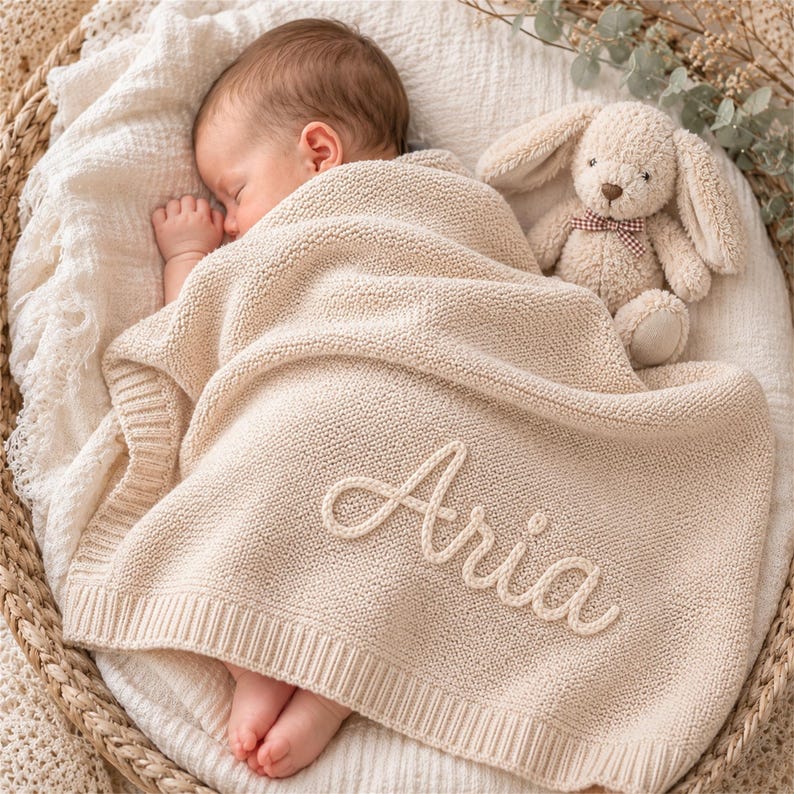 May include: A sleeping baby wrapped in a cream-colored knitted blanket with the name "Aria" embroidered on it. A stuffed bunny with a red and white checkered bow tie rests beside the baby in a woven basket.