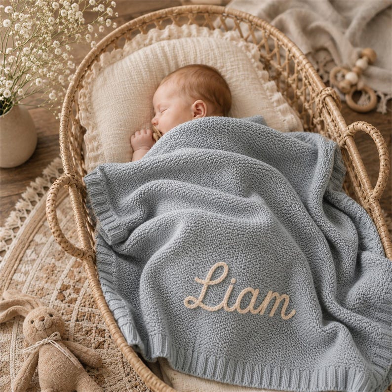 May include: A sleeping baby is nestled in a wicker bassinet, covered with a light blue knitted blanket. The blanket is personalized with the name "Liam" in a cream-colored script. A stuffed bunny and a wooden toy are also visible.