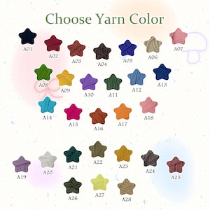 May include: Image displays a selection of yarn colors in star shapes, each labeled with a code. The text "Choose Yarn Color" is at the top. Colors include navy, burgundy, brown, black, blue, beige, pink, green, yellow, purple, teal, orange, and various shades.