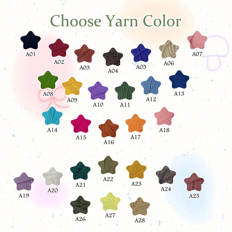 May include: Image displays a selection of yarn colors in star shapes, each labeled with a code. The text "Choose Yarn Color" is at the top. Colors include navy, burgundy, brown, black, blue, beige, pink, green, yellow, purple, teal, orange, and various shades.