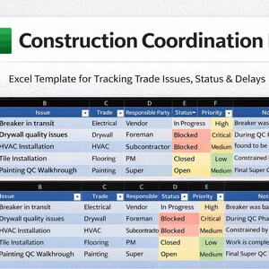 May include: A construction coordination log template in Excel format. The spreadsheet tracks trade issues, status, and delays. The header reads "Construction Coordination Log" with the Excel logo. The data includes issues, trade, responsible party, status, priority, and notes.