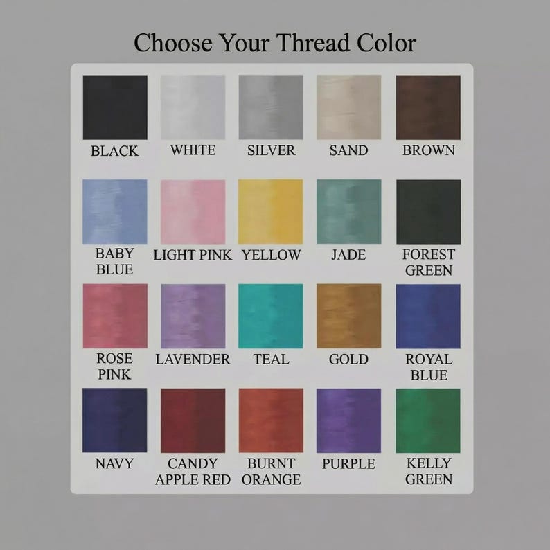 Op de afbeelding: Een kleurenkaart met de tekst "Kies je draadkleur" bovenaan. De kaart toont 20 kleurstalen, elk gelabeld met een kleurnaam, waaronder zwart, wit, zilver en bruin. Andere kleuren zijn babyblauw, lichtroze, geel, jade en bosgroen.