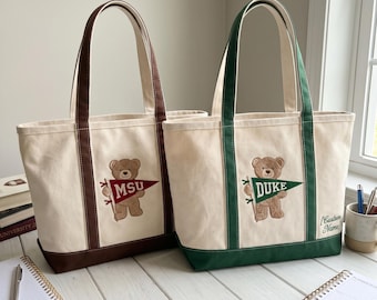 Custom Duke University Bear Tote Bag, Personalized Name Embroidered Canvas Bag, Vintage Collegiate Style Gift, Forest Green Aesthetic Tote