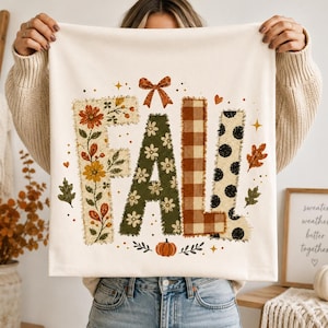 Quilted Fall PNG, Patchwork Boho Autumn Word Art Sublimation | Farmhouse Fall Clipart Pumpkin Buffalo Plaid Polka Dot | Cricut Tshirt Design