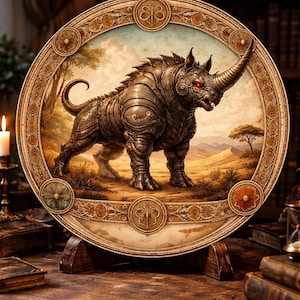 May include: A round, decorative plaque featuring a detailed illustration of a rhino in armor, set against a desert landscape. The rhino has red eyes and a large horn. The plaque is framed with ornate, gold-colored detailing and rests on a wooden stand.