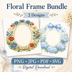 Vintage Floral Frame Bundle, Blue Hydrangea Wreath Clipart (Digital Download)