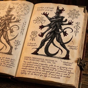 May include: An open book featuring illustrations of a multi-limbed demon with six arms and a crimson face. The text reads "Codex Obsidianus, Section IV. The Crawling Hell, Vol. VII.", with diagrams and text in an aged style.