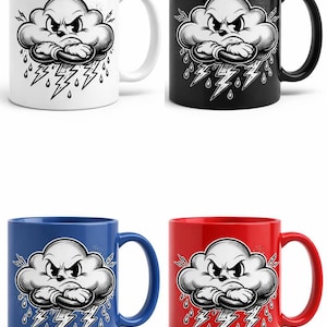 Chmura burzowa w stylu retro z wężem gumowym, styl animacji lat 30. XX wieku, grafika z marudnym piorunem (pobranie cyfrowe)