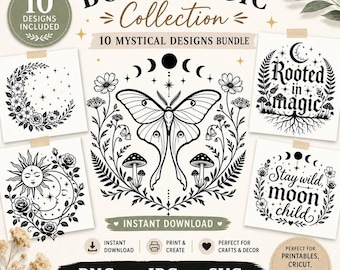 Motten-SVG-Bundle, botanische Cliparts der Mondphasen für Cricut-Schnittdateien, Boho-Hexen-Cottagecore-Stil (sofortiger PNG-Download)