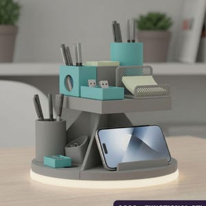 May include: A grey and teal desk organiser with compartments for pens, USB drives, and sticky notes. It has a built-in phone stand and a circular base with a glowing light. The design is modern and functional.