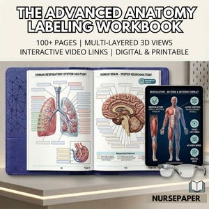 Puede incluir: El Advanced Anatomy Labeling Workbook contiene más de 100 páginas con vistas 3D multicapa, enlaces de video interactivos y opciones digitales o imprimibles. Muestra la anatomía del sistema respiratorio y cerebral junto a una tableta.