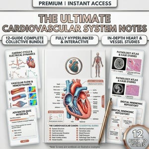 May include: A collection of educational materials on the cardiovascular system. The image features a central diagram of a heart, surrounded by cards with diagrams, charts, and the text "THE ULTIMATE CARDIOVASCULAR SYSTEM NOTES". The bundle includes 12 guides.