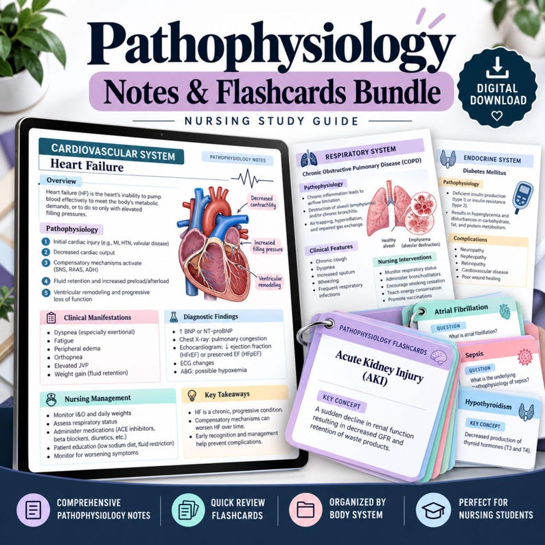 Pathophysiology Study Guide Bundle, Nursing Notes, Flashcards & Digital PDF for Nursing School
