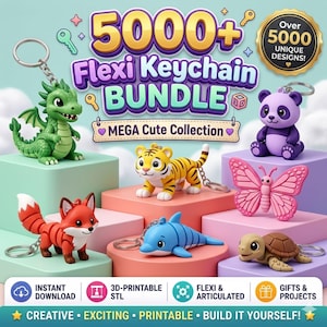 Könnte beinhalten: Eine digitale Grafik für ein 5000+ Flexi-Schlüsselanhänger-Paket Mega Cute Collection mit 3D-druckbaren, beweglichen Schlüsselanhängern, darunter ein grüner Drache, ein violetter Panda, ein orangefarbener Tiger, ein rosa Schmetterling, ein roter Fuchs, ein blauer Delfin und eine braune Schildkröte.