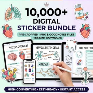 May include: A digital sticker bundle featuring medical and anatomical illustrations including lungs, hearts, teeth, brains, and medication. The collection includes pre-cropped PNG and Goodnotes files for digital planning, displayed on tablet and smartphone screens.