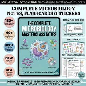 Puede incluir: Un paquete digital para el estudio de microbiología, con notas, tarjetas y pegatinas. La imagen principal muestra una tableta con ilustraciones detalladas de bacterias y virus, incluyendo E. coli y Bacteriófago. Incluye más de 180 páginas de notas, más de 40 temas clave y más de 600 diagramas.