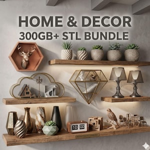 May include: A digital collection titled HOME & DECOR 300GB+ STL BUNDLE featuring various 3D printable models including a deer head in a hexagon frame, cloud and diamond shelves, potted plants, lamps, vases, a digital clock, and miniature furniture.