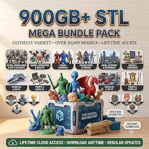 900+GB STL Mega Bundle, Whole Shop Bundle 3D Print Files Collection, 50+ Categories, Miniatures, Vehicles, Anime Book, Unlimited Shop Access