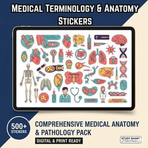 Può includere: Illustrazione digitale di adesivi di anatomia medica, tra cui cuori, polmoni e un cervello. Gli adesivi sono visualizzati sullo schermo di un tablet. Il testo in alto recita "MEDICAL TERMINOLOGY & ANATOMY STICKERS". Il testo in basso recita "COMPREHENSIVE MEDICAL ANATOMY & PATHOLOGY PACK".
