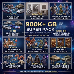 900+ GB STL Mega Bundle, Hela butikspaketet med 3D-utskriftsfiler, 50+ kategorier, Miniatyrer, Fordon, Animebok, Obegränsad butiksåtkomst