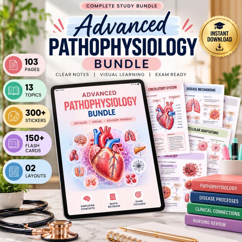 Pathophysiology Study Guide Bundle, Nursing Notes, Flashcards & Digital PDF for Nursing School