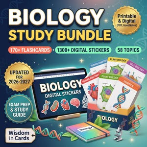 May include: A biology study bundle featuring a tablet displaying digital stickers, a box of flashcards labeled Human Anatomy, Plant Biology, Cell Biology, and Genetics, a spiral-bound notebook, and a microscope. Text includes Biology Study Bundle.