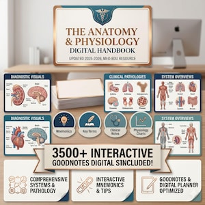 May include: A digital handbook titled "The Anatomy & Physiology" with the text "Updated 2025-2026, MED-EDU RESOURCE." The image includes diagrams of body systems, clinical pathologies, and interactive elements. The handbook is designed for use with GoodNotes.