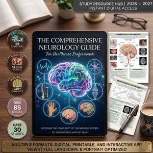 Puede incluir: Una tableta digital muestra "The Comprehensive Neurology Guide" con una ilustración del cerebro. Hay diagramas anatómicos, un bolígrafo y una taza de café. La imagen promueve el acceso digital a recursos de estudio para profesionales de la salud.